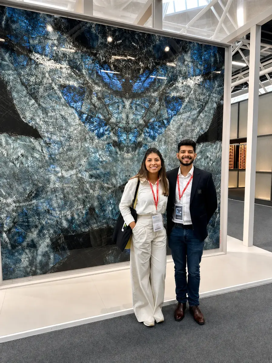 GEMS representatives at Cersaie in Bologna beside a dramatic natural stone display