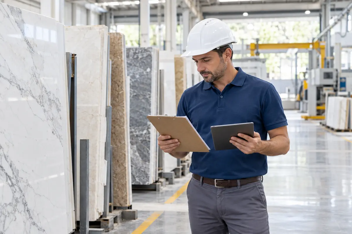 Quality management professional reviewing documented processes in a natural stone facility