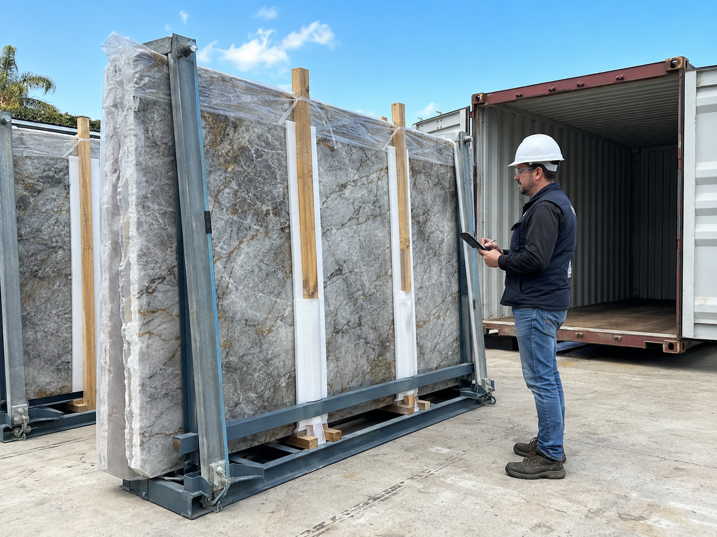 Stone logistics inspection before container loading
