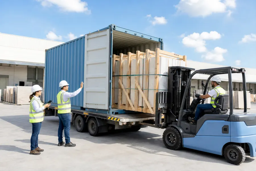 Coordinated loading of packed natural stone into a shipping container