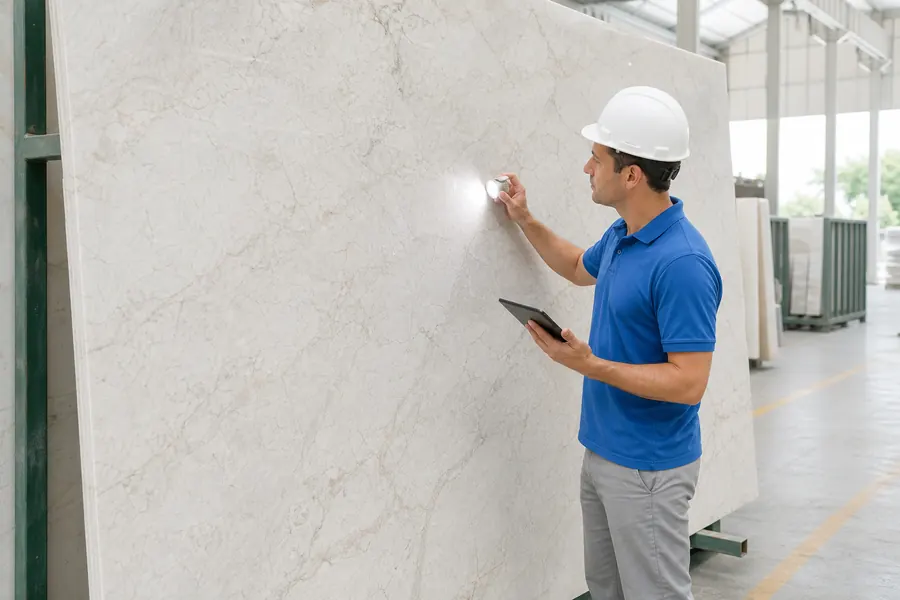 Quality inspector checking the surface of a pale stone slab