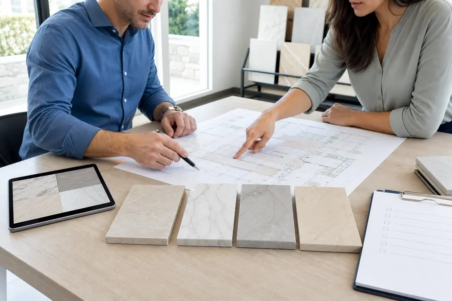 Specialists comparing stone samples while reviewing project plans