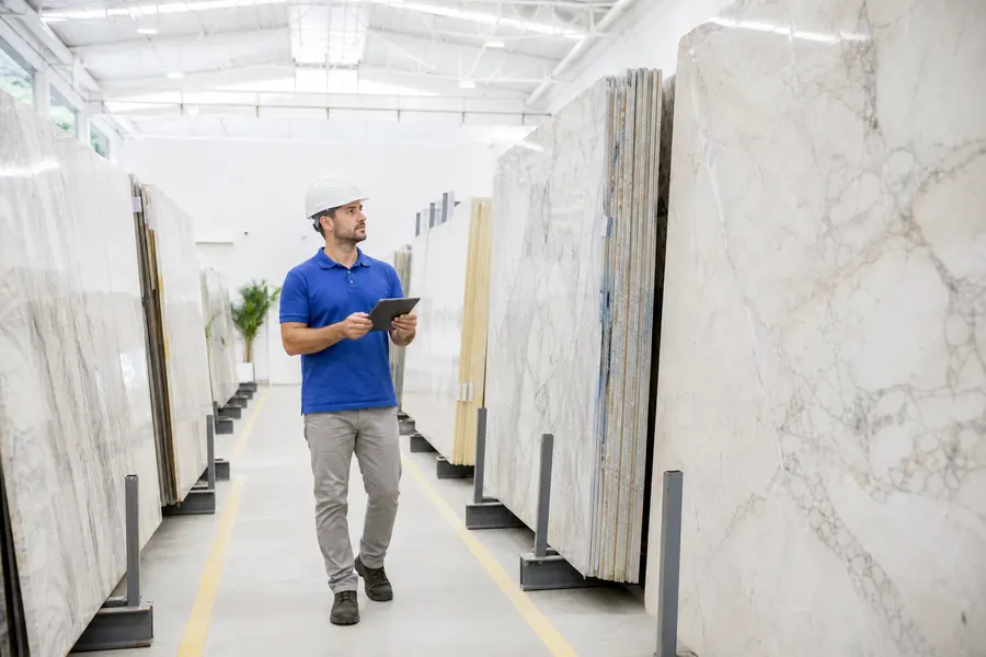 GEMS inspector reviewing natural stone slabs in Brazil