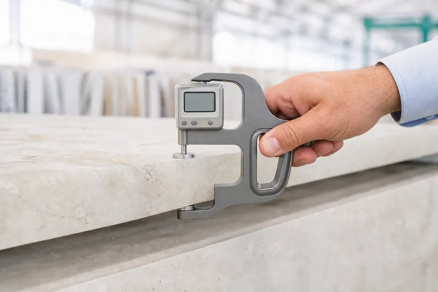 Digital thickness gauge verifying a light natural stone slab